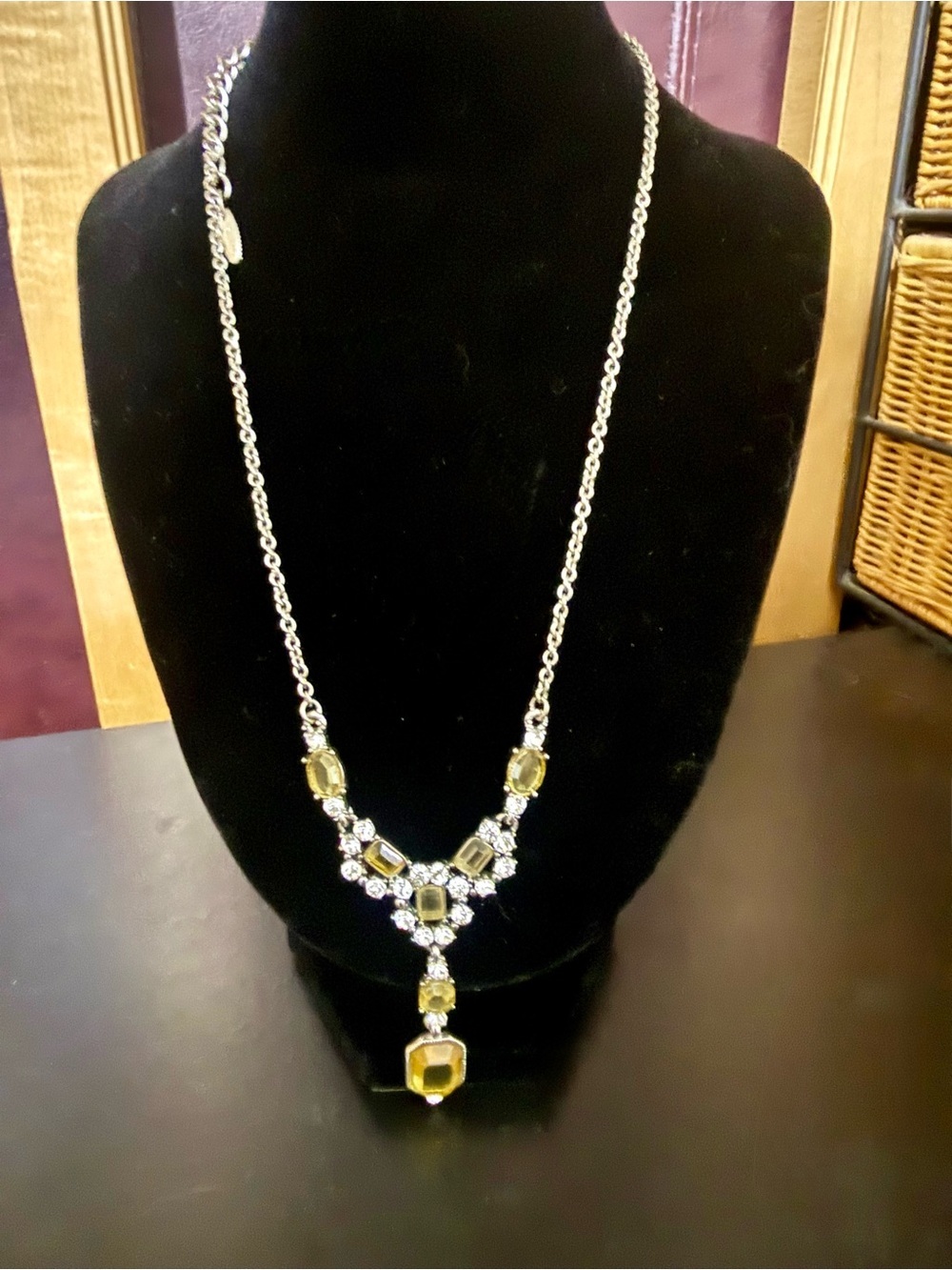 VCLM Vtge Art Deco Choker Necklace – Silver Tone, Yellow Citrine